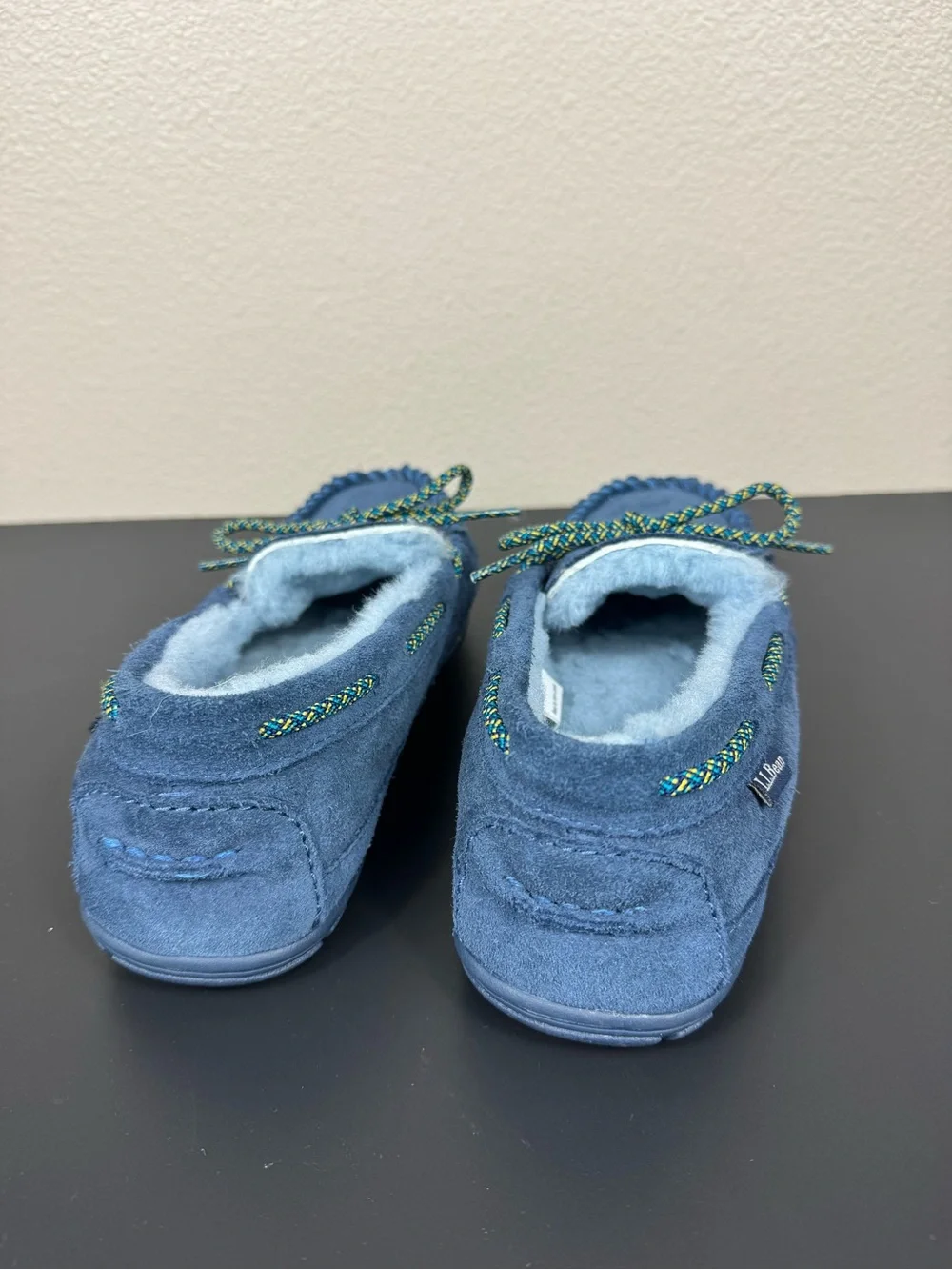 L.L.Bean Sherpa‎ Moccasin Slippers Shoes with Rubber Soles Navy EUC